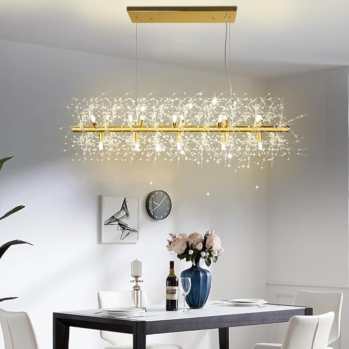 Depuley 47.2" Modern Gold Crystal Firework Chandelier, 15-Light Crystal Light Fixture Hanging, Linear Dandelion Chandelier, Sputnik Ceiling Pendant Light Fixtures for Dining Room(G9 Bulbs Included)