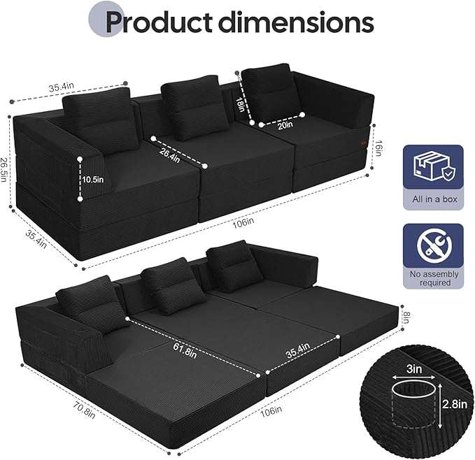 COMAX Futon Sofa Bed 3 Seater, 106" Convertible Sofa Bed Couches for Living Room, 4 in 1 Folding Boneless Sleeper Corduroy Couch Foam in a Box, Comfy Foldable Lounge Fold Out Floor Mattress, Black