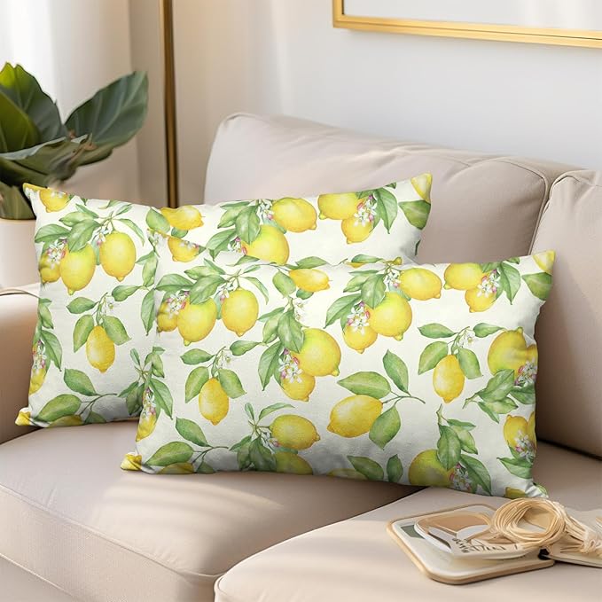Lemon Pillow Covers 12x20 Set of 2 Yellow Green Fruits and Leaf Floral Throw Pillows Farmhouse Summer Outdoor Decorative Lumbar Pillow Case for Bed Couch Sofa Living Room