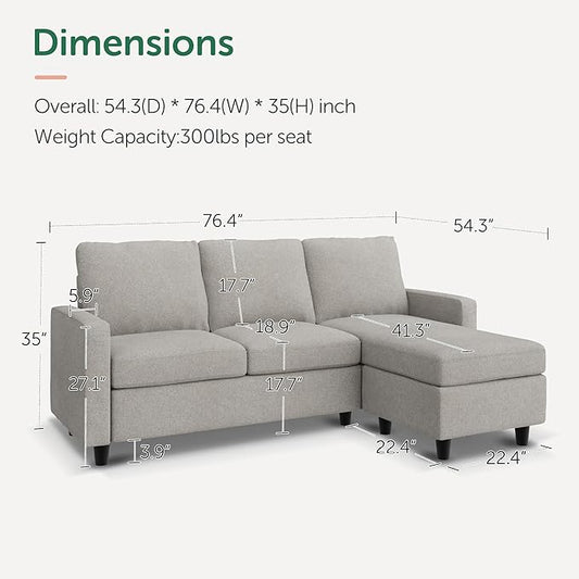HONBAY Convertible Sectional Sofa, L Shaped Couch with Linen Fabric, Reversible Couch for Small Space, Mid Light Grey