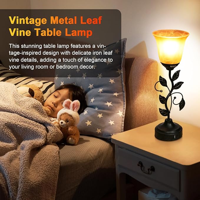 Touch Control Table Lamp Vintage Leaf Vine Lamp Decorative Bedside Lamp Dimmable Desk Lamp with USB A and Type-C Charging Ports Amber Glass Lampshade Warm White Light LED Bulb Included