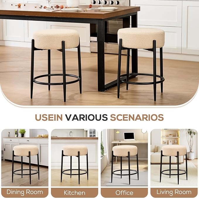 Dining Chairs Set of 2, 23.6" Backless Kitchen Living Room Chair，Mid Century Modern Chairs with Round Soft Beige Boucle Padded & Solid Metal Legs