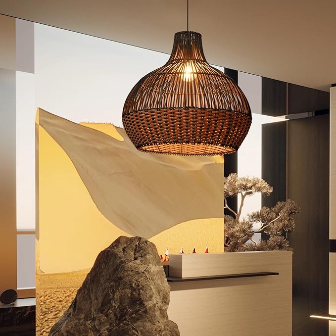 Arturesthome Rattan Pendant Lights, Wicker Chandelier Boho Basket Lighting Fixtures, Natural Woven Hanging Lamp for Kitchen Island Dining Room Black