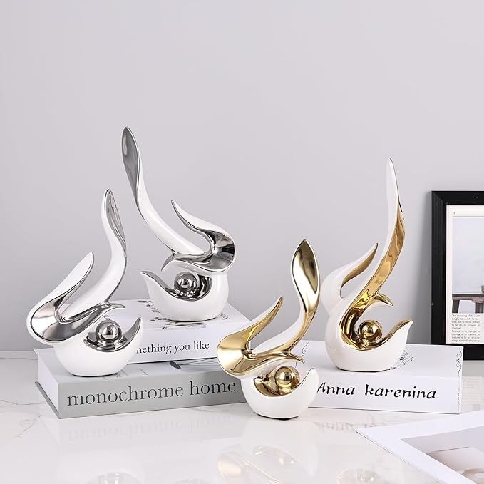 2PCS Abstract Ceramic Sculptures for Modern Decor, Sculptures Home Decor Accent,Abstract Art Figurines for Living Room Decorative Objects,Tabletop Centerpiece for Entryway,Shelf,TV Stand(White Silver)