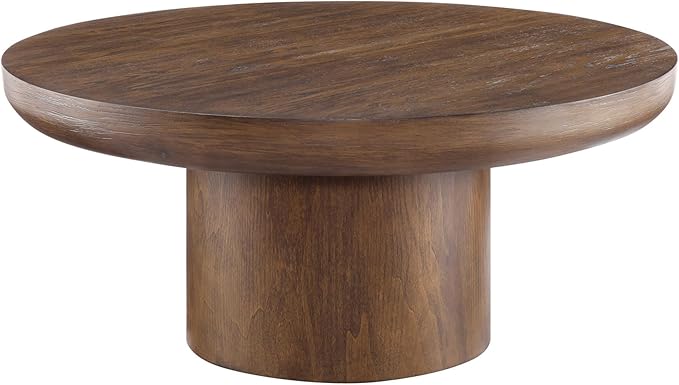 Eafurn 35.98inch Round Wood Coffee Table with Cylindrical Leg, Farmhouse Cocktail Solid Circle Center Wooden Table, Brown Walnut Tabletop & Legs