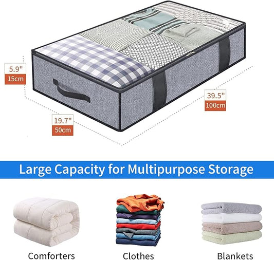 Onlyeasy Foldable Underbed Bags 2 Pack - Blankets Clothes Comforters Storage Bag Breathable Zippered Organizer for Bedroom with Clear Window and 4 Handles, 39.4x19.7x5.9 in, Linen-like Grey, MXDUBBP2