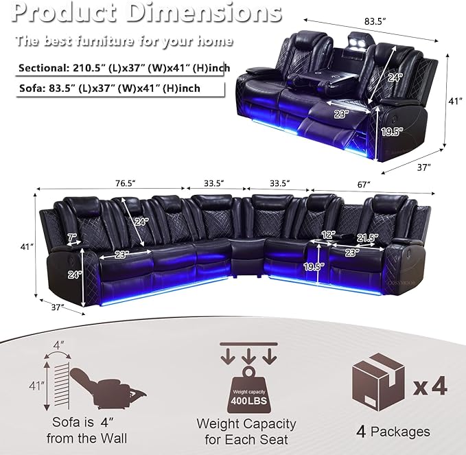 Power Recliner Sectional Sofa Couches with LED Lights for Living Room, Black Leather Wall Hugger Reclining Corner Couch Sets with 4 Home Theater Seat, USB Port, Cup Holder, Storage Console