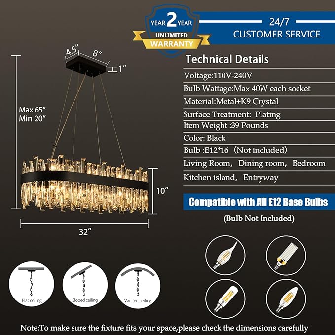 Black Crystal Chandeliers for Dining Room Lights Fixtures Over Table, 16 Lights Modern Rectangle 2-Tier Chandeliers for Kitchen Island Bar L32 Inch