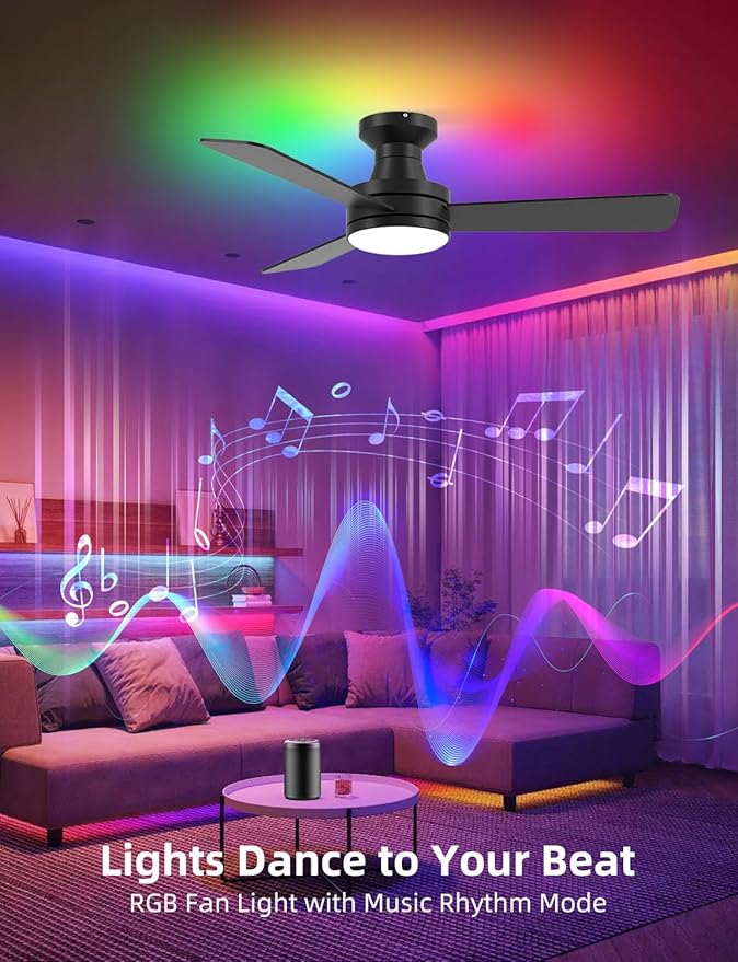 42" RGB Ceiling Fan with Light, Music Sync Smart Fan with Alexa/Google/App Control, Low Profile Flush Mount, 6-Speed Quiet DC Motor, 4 CCT Dimmable Lighting for Bedroom Living Room, Black