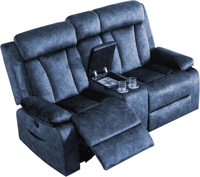 GUEAPY Power Reclining Loveseat with Console, Heat & Massage, 2 Seat Reclining Sofa with Cup Holders, USB & Type-C Ports, Plush Dutch Velvet 2 Seat Reclining Couch for Living Room, RV,Office,Apartment
