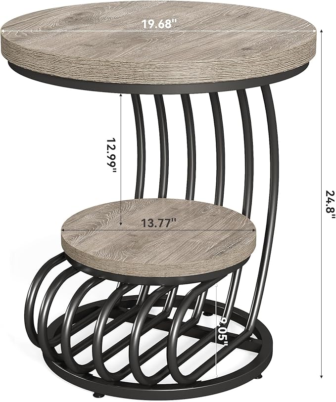 LITTLE TREE Round Side Table, Accent End Table with 2-Tier Shelf, Creative Curved Metal Frame, for Small Spaces, Grey + Black