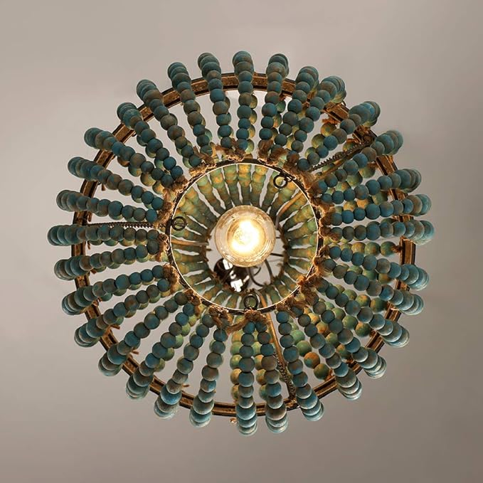 Newrays Wood Bead Chandelier Pendant Lights Gray Blue Finishing Retro Vintage Antique Rustic Kitchen Ceiling Lamp Light Fixtures