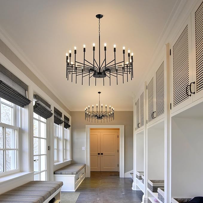 Black Chandelier 24 Light Large Modern Farmhouse Chandeliers for Dining Room Light Fixture, 40" Round Candle Large Chandeliers for High Ceilings Living Room Foyer Entryway