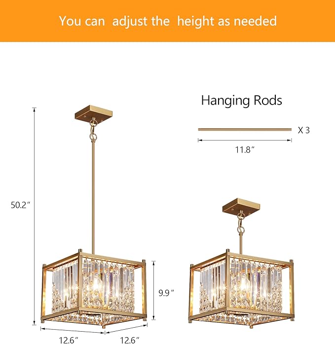 Q&S Gold Chandelier,Modern Industrial Gold Square Crystal Chandeliers 4 Lights Hanging Pendant Light Fixture for Dining Room Hallway Entryway Kitchen Island UL Listed