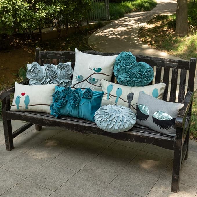 JWH Heart Flower Throw Pillow Covers Decorative Floral Shaped Accent Cushion Soft Pillowcase for Sofa Couch Living Room Bed Chair 14x16 Inches Teal Blue