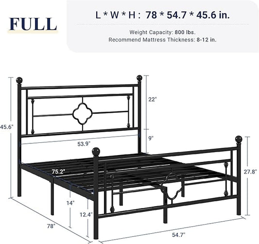 Allewie Full Size Metal Platform Bed Frame with Victorian Vintage Headboard and Footboard/Mattress Foundation/Under Bed Storage/No Box Spring Needed/Noise-Free/Easy Assembly, Black