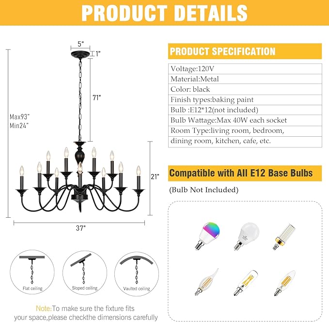 Black Farmhouse Chandeliers for Dining Room Light Fixtures Over Table, 12 Light Industrial Candle Hanging Chandeliers for Living Room Kitchen Island Foyer Staircase