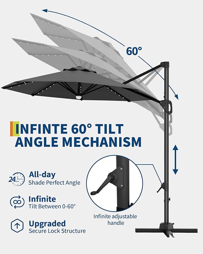 GarveeLife 10FT Patio Umbrella Outdoor Solar LED Large Cantilever Umbrella Market Sun Shade Windproof Offset Umbrella with 360-Degree Rotation for Garden Deck Pool Patio