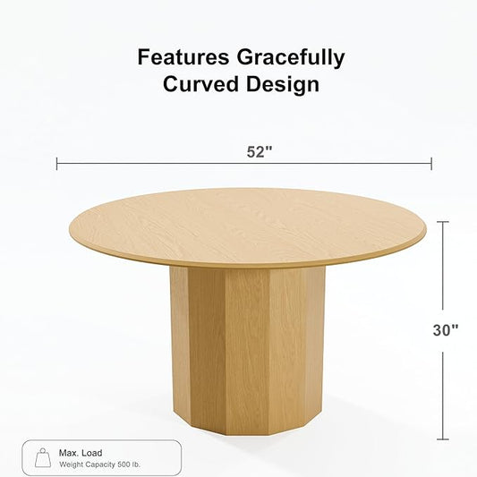 Casaphoria 52" Round Dining Table, Modern Wood Kitchen Table with Cylinder Polygonal Base for Living Room & Dining Room, Easy Assembly Farmhouse Furniture for 4-6, Oak