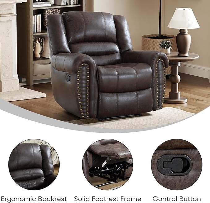 EBELLO Faux Leather Manual Recliner Chair, Classic Single Reclining Chair with Comfortable Armrest and Backrest, Vintage Rivet Mid-Century Design for Living Room, Bedroom, Dark Brown