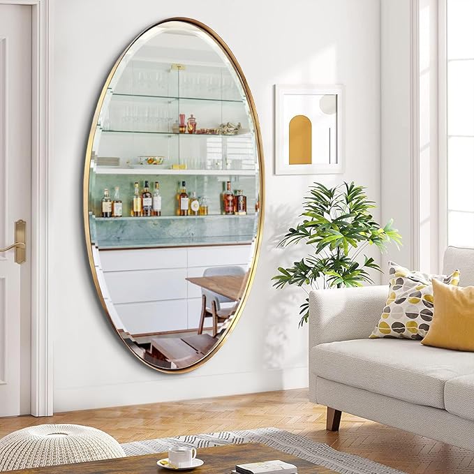 POZINO Oval Beveled Mirror, 28"x48" Brushed Gold Wall Mirror with Stainless Steel Frame, Modern Vanity Mirrors for Bathroom Living Room Bedroom Entryway Fireplace, Hangs Vertically or Horizontally