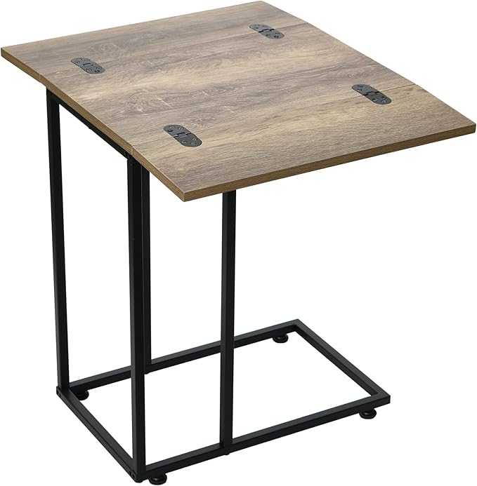 Household Essentials Jamestown Extendable C-Shaped for Accessiblity Side End Table Ashwood Rustic Wood Grain and Black Metal