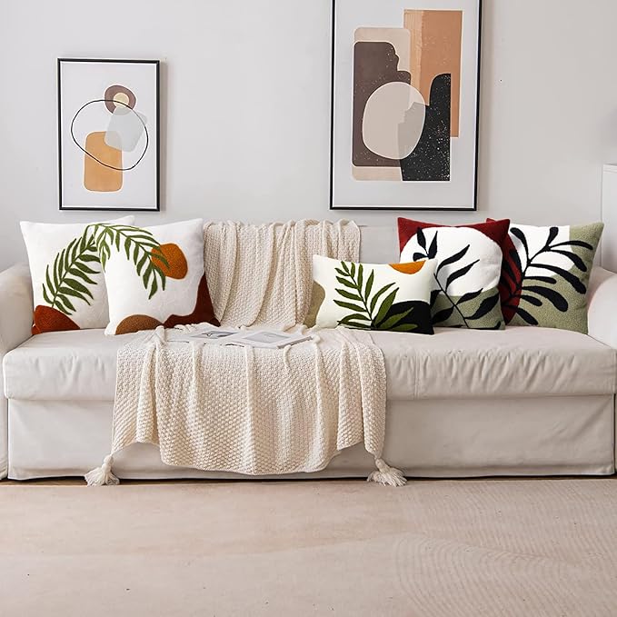 Merrycolor Boho Decorative Throw Pillow Covers 18x18 Tufted Green Decorative Pillows Covers Sun Leaf Mid Century Modern Throw Pillows for Bed Couch Sofa Living Room 1PC