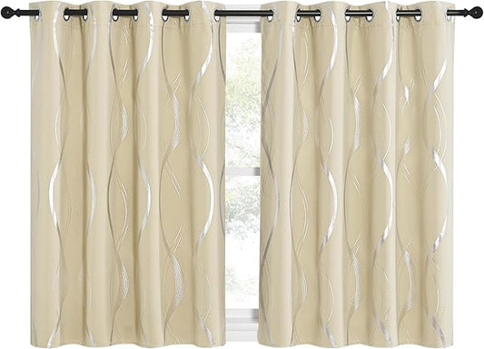 NICETOWN Kitchen Blackout Curtain Panels, Stone Blue, Set of 2, 34 by 54 Inch, Window Treatment Thermal Insulated Solid Grommet Blackout Wave Line Foil Print Design Curtains for Kitchen, Cafe, Loft