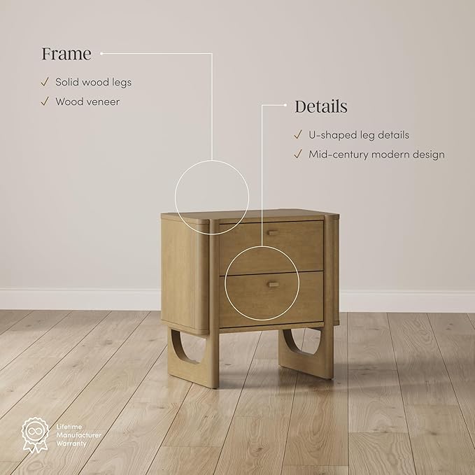 Nathan James Solace Mid Century Modern 2 Drawer Nightstand with Solid Wood Frame and Rounded Details, Light Brown