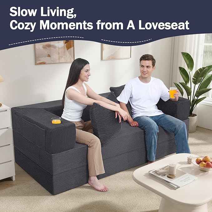 COMAX Boneless Couch, Futon Sofa Bed Couches Versatile Queen for Living Room, 79" 4 in 1 Convertible Sleeper Corduroy Couch Foam in a Box, Foldable Fold Out Floor Mattress No Assembly Required, Grey