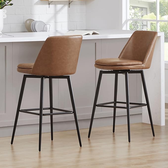CHITA Swivel Bar Stools, 30.3" Counter Height Bar Stools Set of 2, FSC Certified Upholstered Modern Counter Stools, Metal Legs, Faux Leather, Saddle Brown