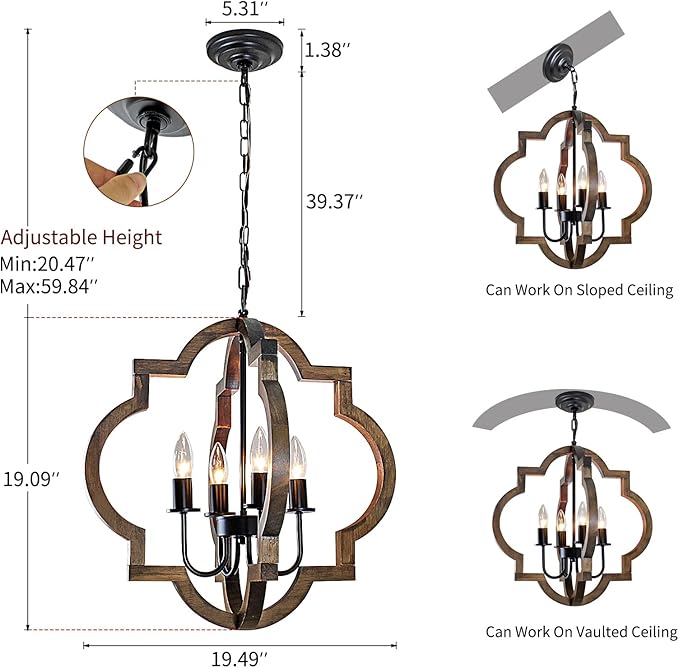 19.49'' Farmhouse Wood Chandelier, 4-Light Rustic Dining Room Light Fixture, Orb Chandelier Light Adjustable Height, Pendant Lighting for Kitchen Island Foyer Living Room Over Dining Table