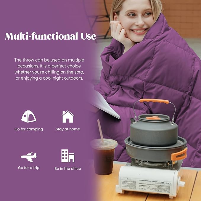 puredown® Soft Feather Down Throw Blanket Lightweight Packable Couch Throw for Indoor and Outdoor Use, Throw 50"X70", Purple