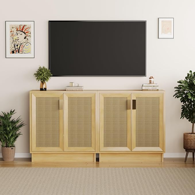 Sideboard Buffets Storage Cabinet, Boho Rattan Accent Cabinet with Doors, Farmhouse Buffet Table Console Table Coffee Bar for Entryway Kitchen Dining Room,Classic Rattan