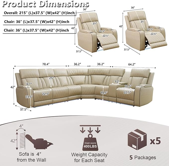 Power Recliner Sectional Sofa Set with LED, Living Room Furniture Sets, L-Shaped Recliner Sofa & 2 Chairs, Luxury Sectional Couch with Charging/Storage for Living Room