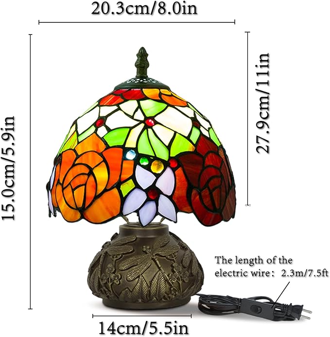 JHuiLap Small Tiffany Stained Glass Lamp, 3 Color Temperatures Bedside Lamp, 8 Inch Mushroom Desk Light for Bedroom Living Room Office Home Decor (Two-Color Rose)