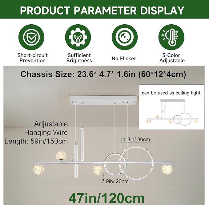Modern LED Pendant Lights, Dimmable 47in Silver LED Chandelier Lighting, Upgraded Chrome Linear Dining Room Hanging Light Fixtures Kitchen Island Globe Pendant Light for Dining Table (4200lm)