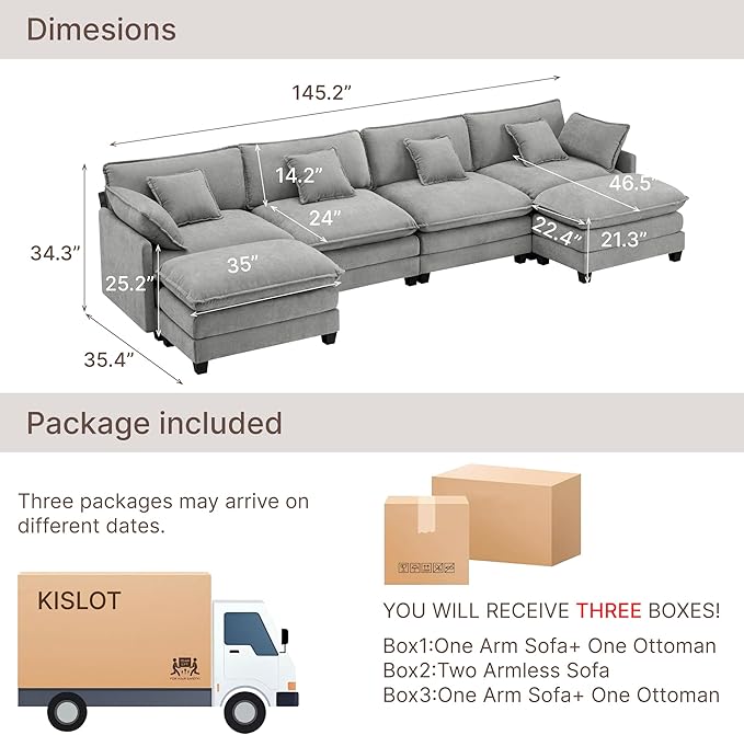 KISLOT 157" Oversized Modular Sectional Sofa,U-Shaped Cloud Couch with Movable Ottoman,Thick Cushions,6 Deep Seats with 6 Throw Pillows Sofa Couch Set for Living Room, Bedroom | Wood Frame