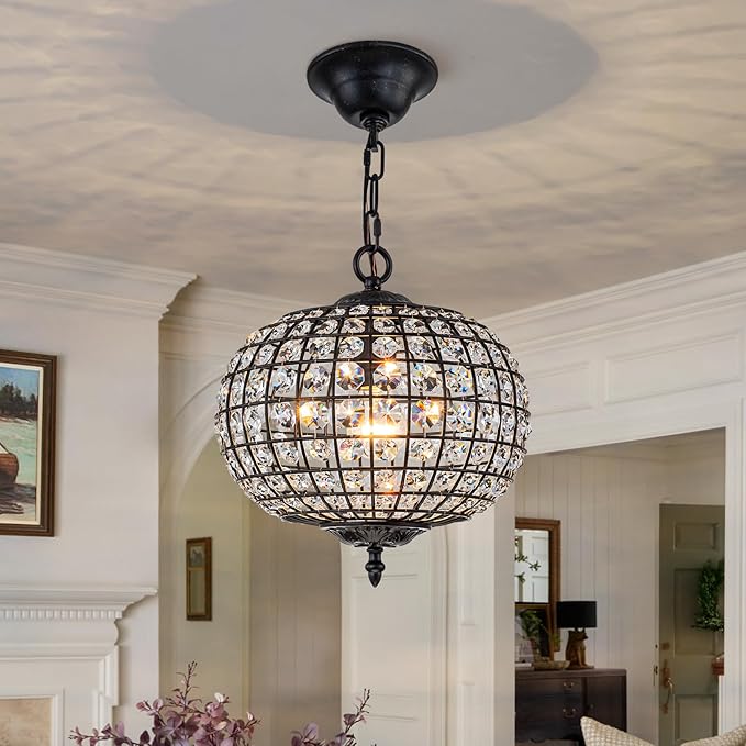 Globe Chandelier, 12" Vintage Crystal Black Dining Room Light Fixture with Gold Accents Crystal Pendant Light Antique Foyer Chandeliers for Bedroom Living Room Hallway Entryway