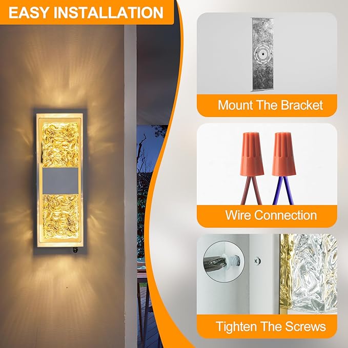 Dusk to Dawn Outdoor Lighting,Exterior Lighting Fixtures IP65 Waterproof Porch Lights Outdoor 12W LED Crystal Modern Outside Wall Sconce for Porch Hallway Doorway Patio,14.2'' White&Gold 2PCS