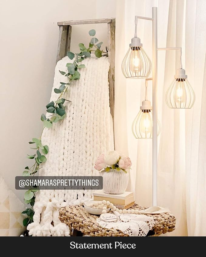 Brightech Teardrop LED Floor Lamp - Tree With 3 Elegant Cage Heads & Edison Bulbs - for Living Rooms, Offices & Bedroom Reading - Alpine White