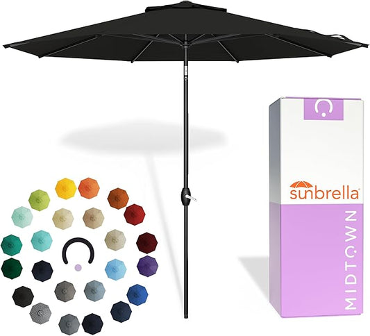 Midtown Umbrellas - The Lean 10 Ft Patio Umbrella with Fade-Resistant Sunbrella Fabric, Auto-Tilt Aluminum Frame and 8 Reinforced Ribs for Deck, Pool & Garden - Black Canopy, Black Pole
