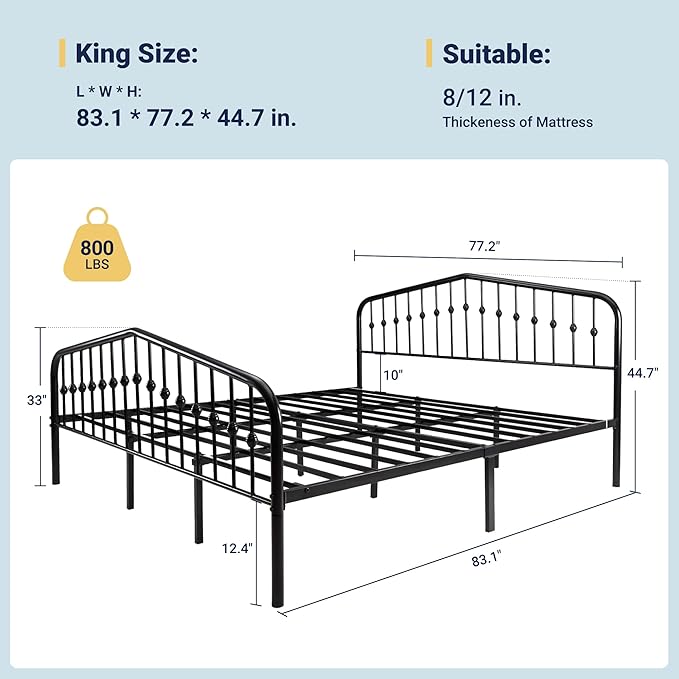 Allewie King Size Metal Platform Bed Frame with Vintage Style Wrought Iron Headboard and Footboard, No Box Spring Needed, Easy Assembly, Black