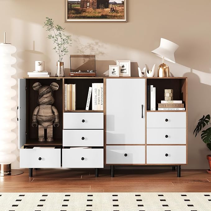Giantex Storage Cabinet with 4 Drawers, Door and Open Compartment, 18" x 31.5" x 38.5" Inches, Metal Support Legs, Freestanding Side Cabinet, Buffet Sideboard for Living Room, Dining Room, Entryway