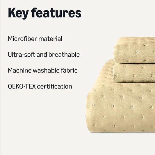 Amazon Basics Brushed Microfiber Quilt Set, Extra Soft with Natural Texture, 3-Piece, Queen/Full, Beige