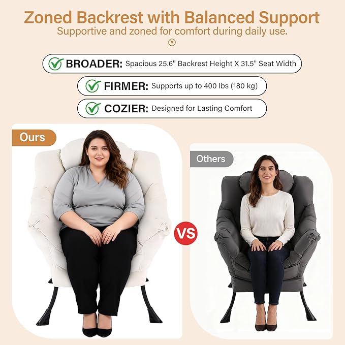 Lazy Chair with Ottoman, Modern Accent Chair with Lumbar Pillow, Velvet Beige Sofa, Armchairs with Folding Footrest, Oversized Supportive Chairs for Bedroom, Reading
