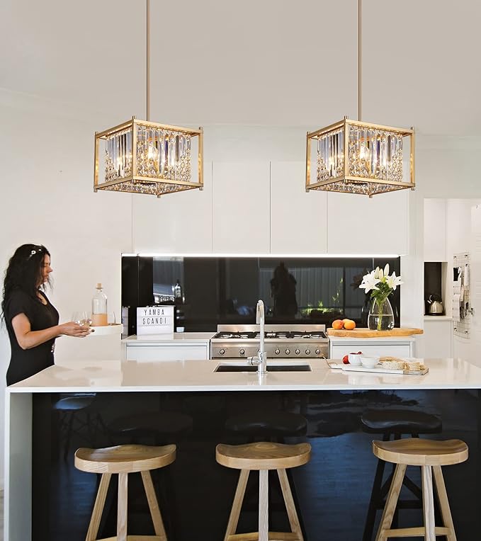 Q&S Gold Chandelier,Modern Industrial Gold Square Crystal Chandeliers 4 Lights Hanging Pendant Light Fixture for Dining Room Hallway Entryway Kitchen Island UL Listed