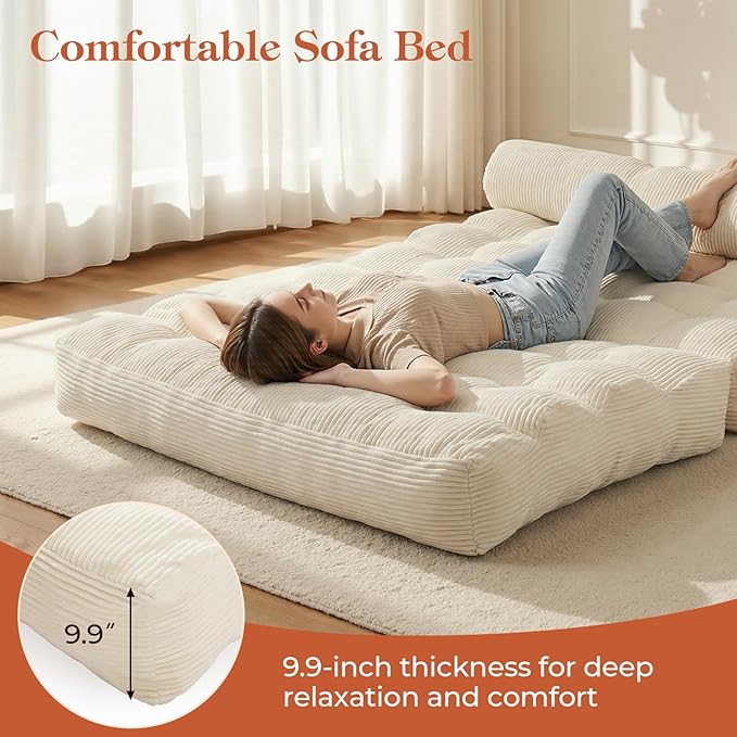 Folding Sofa Bed, Convertible Sleeper Chair with Back Support and Pillow Futon, Boneless Matress, for Living Room/Guest Use/Home Office, Foldable Chair Bed for Adults, Beige, Full