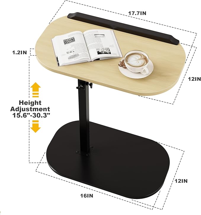 C Shaped End Side Table with Anti-Drop Rod, Adjustable Height & 360° Swivel Snack Table for Couch, Sofa, Bedroom, Living Room, TV Tray Table for Eating, Dinner or Laptop, Small Spaces, Wood