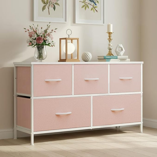 OLIXIS Dresser for Bedroom with 5 Drawers, Wide Chest of Drawers, Fabric Bedroom Dresser with Drawer Organizer, Storage Organizer Unit with Fabric Bins for Closet, Living Room, Hallway, Pink